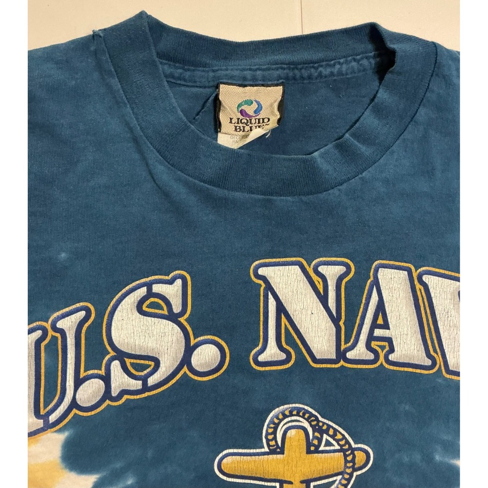 VTG USA Made Liquid Blue Navy Tie Dye T Shirt 90s Single Stitch Blue Yellow L - Picture 4 of 10